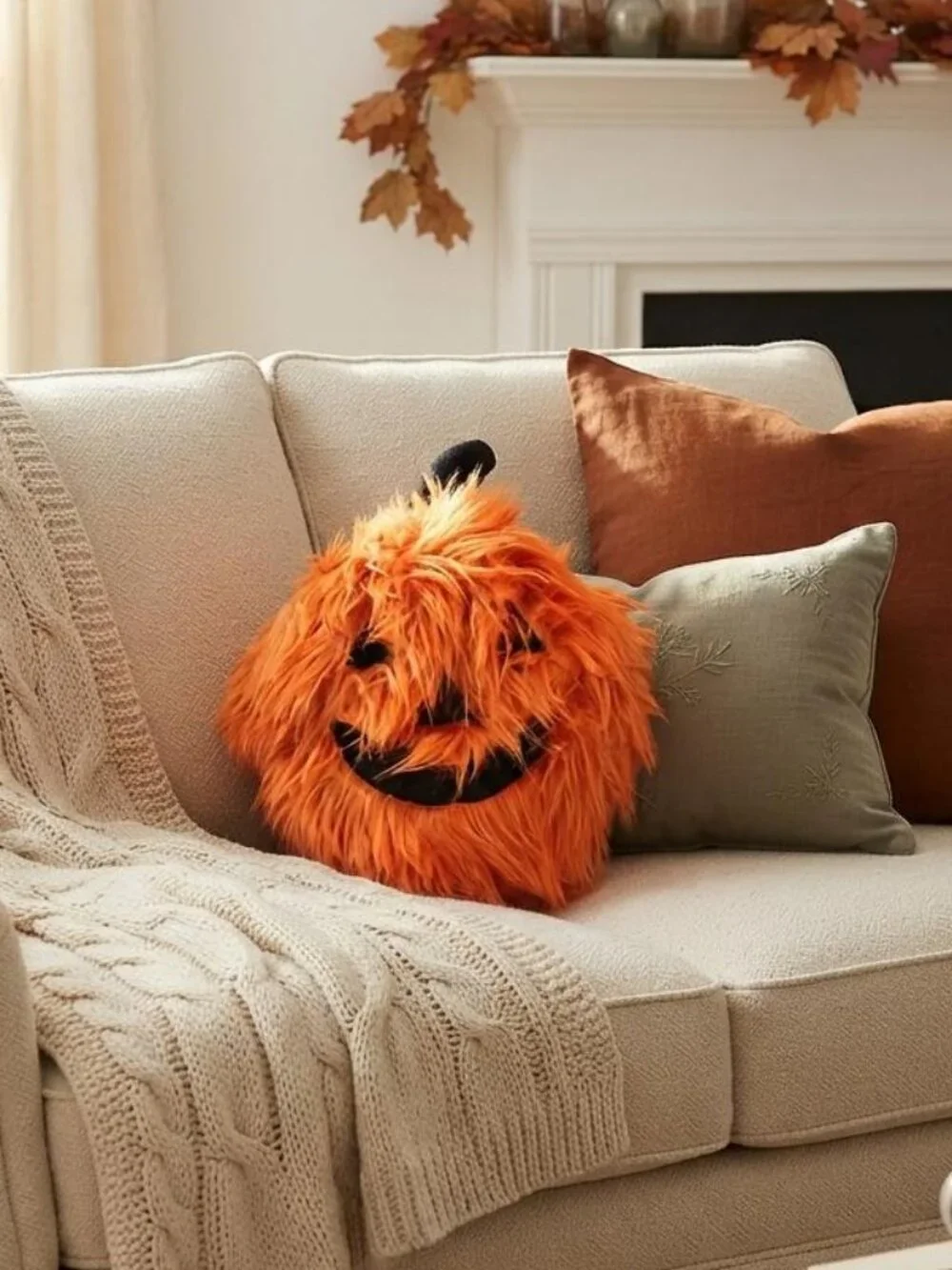 NWT Cupcakes and Cashmere Fuzzy Pumpkin Jack-O-Lantern Pillow